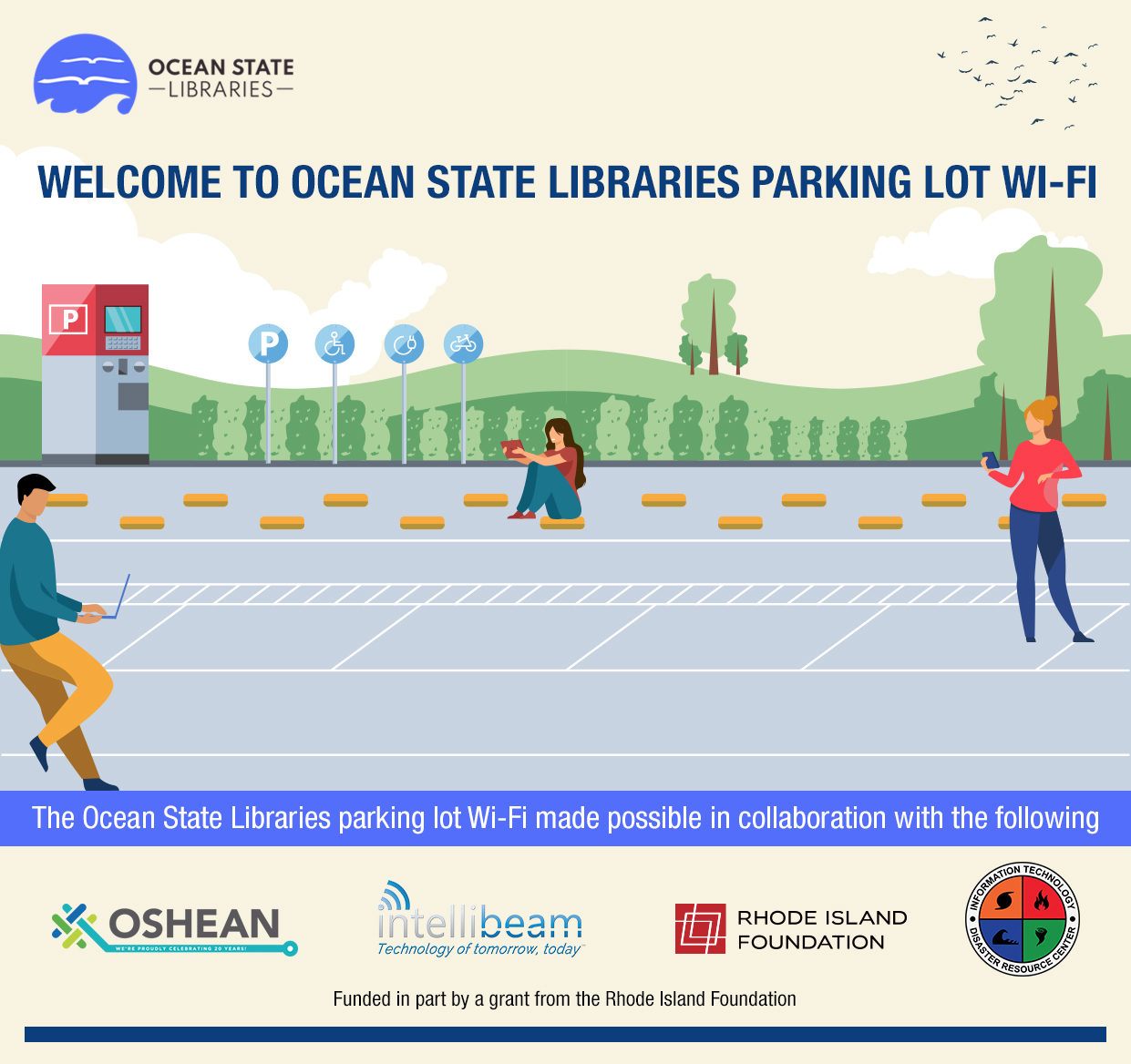 Image depicts an illustration of library patrons using mobile devices in a vacant parking lot.